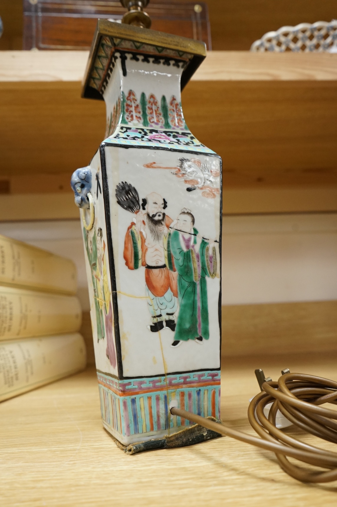 A Chinese famille rose square vase, early 20th century, mounted as a lamp, 37cm high not including light fitting.